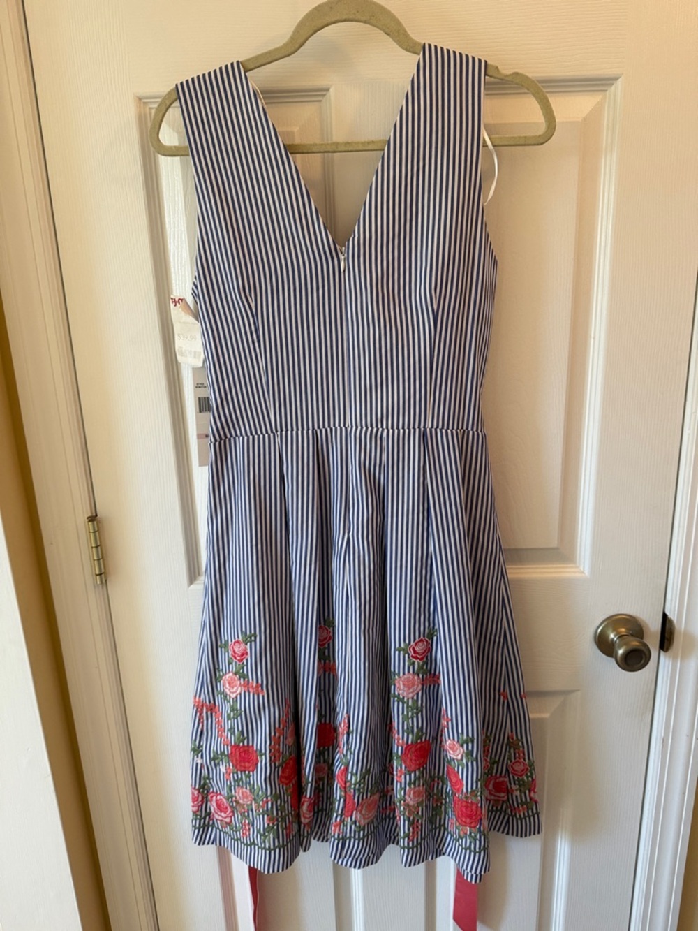 Blue and White Striped Sleeveless Dress with floral Accent - Picture 6 of 12